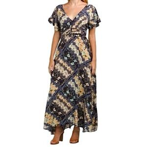 Abel The Label Gandhi Floral Short Sleeve Ruffle Maxi Dress Blue Cream Small